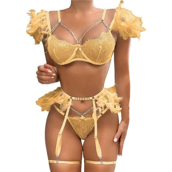 Chain Feather Lingerie, Eyelash Floral Lace, Underwire, Thong, 4 Pieces